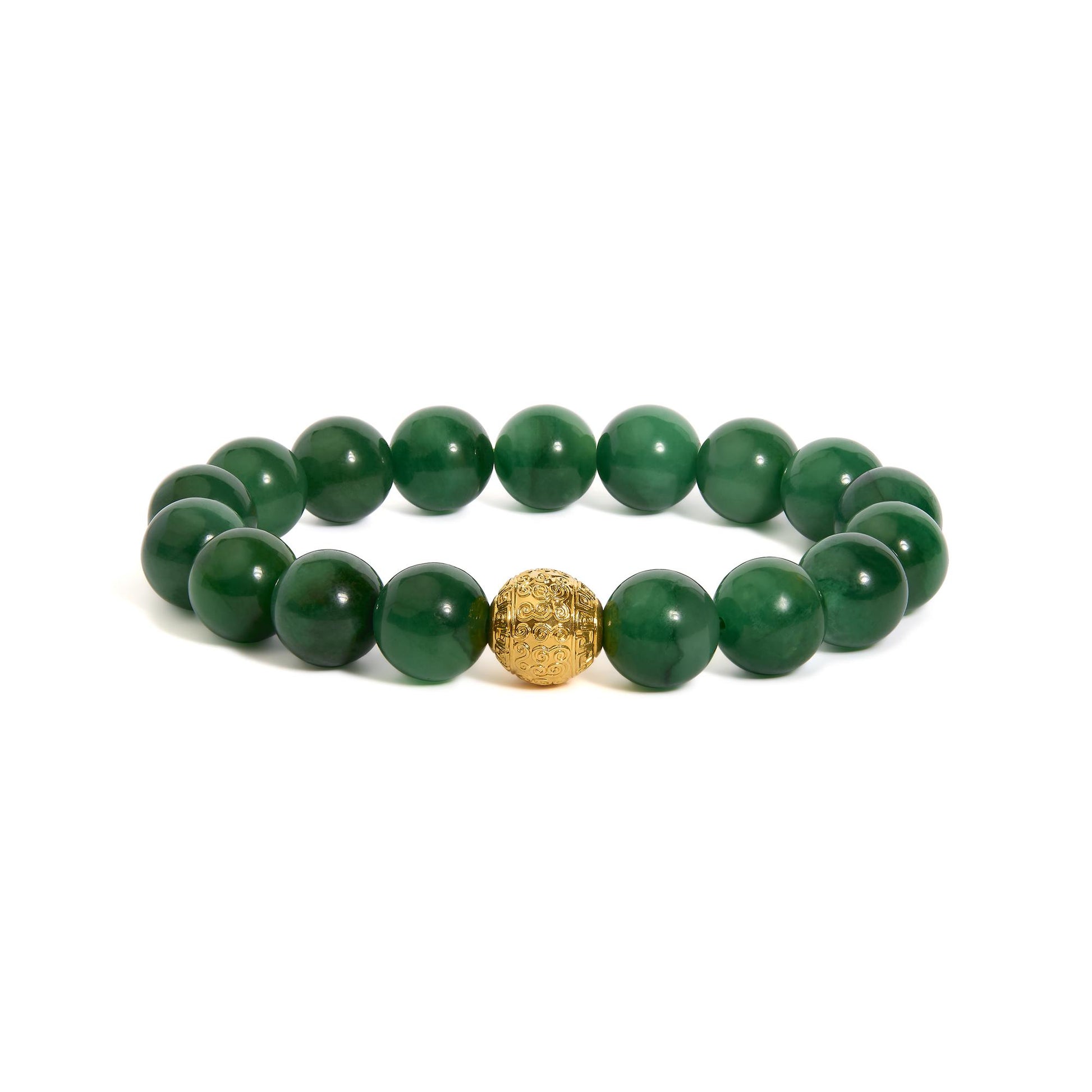 Close-up front angle of a bracelet composed of round green gemstones with a single intricate yellow metal bead in the center, shown on a white background.