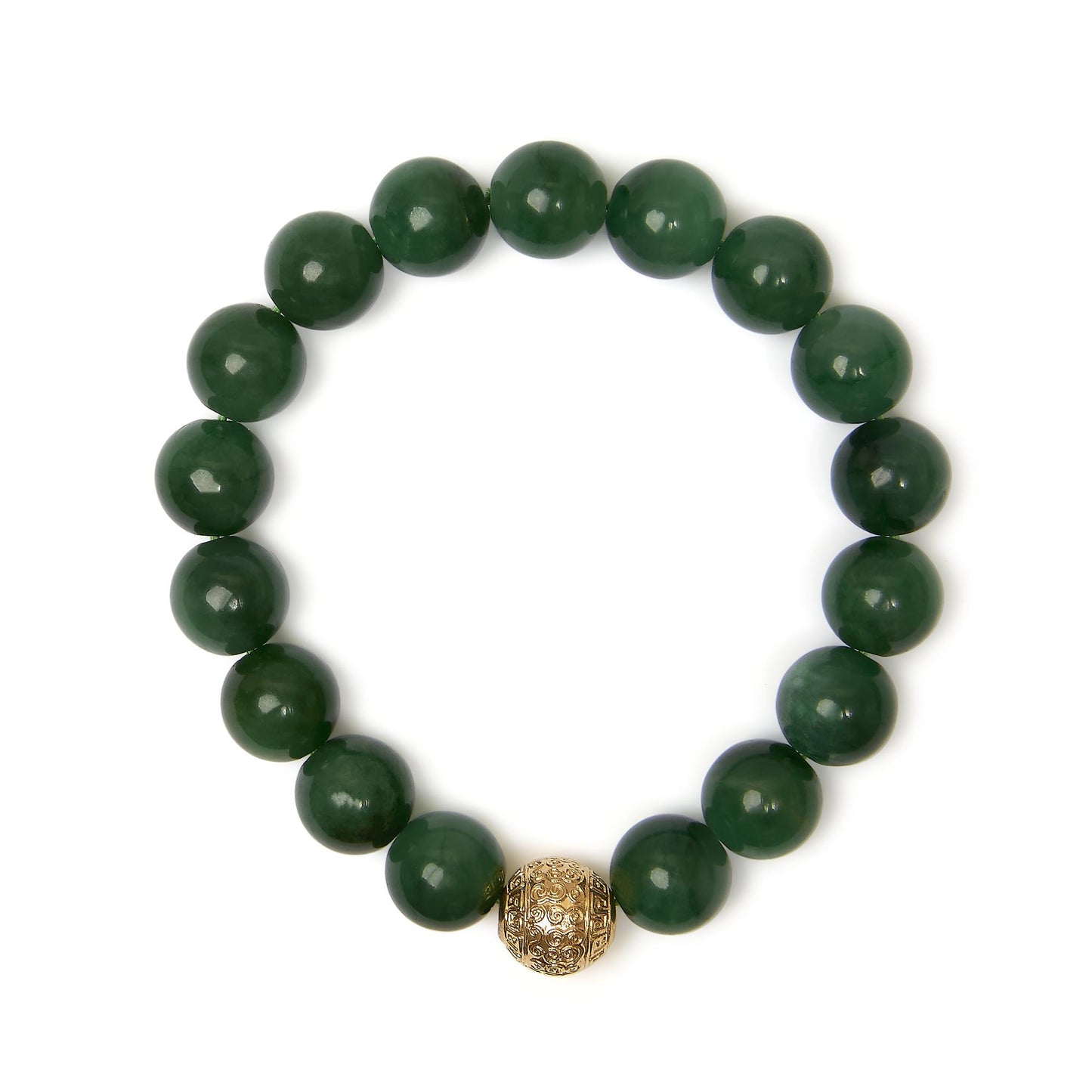 Close-up front view of a yellow metal bracelet with round green aventurine gemstones and a single decorative yellow metal bead, shown on a white background.