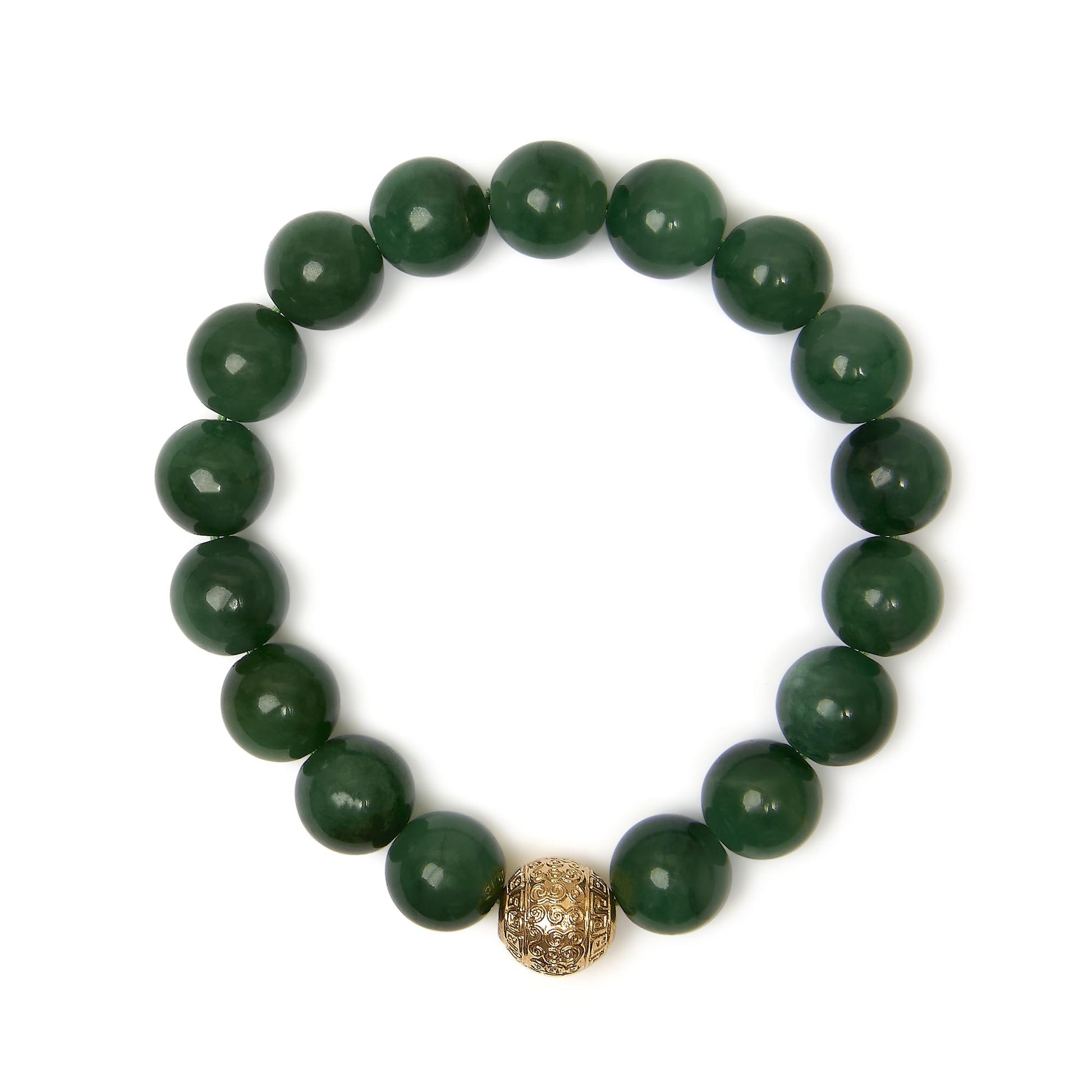 Close-up front view of a yellow metal bracelet with round green aventurine gemstones and a single decorative yellow metal bead, shown on a white background.
