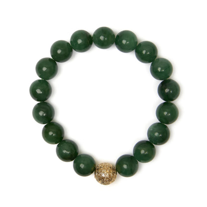 Close-up front view of a yellow metal bracelet with round green aventurine gemstones and a single decorative yellow metal bead, shown on a white background.