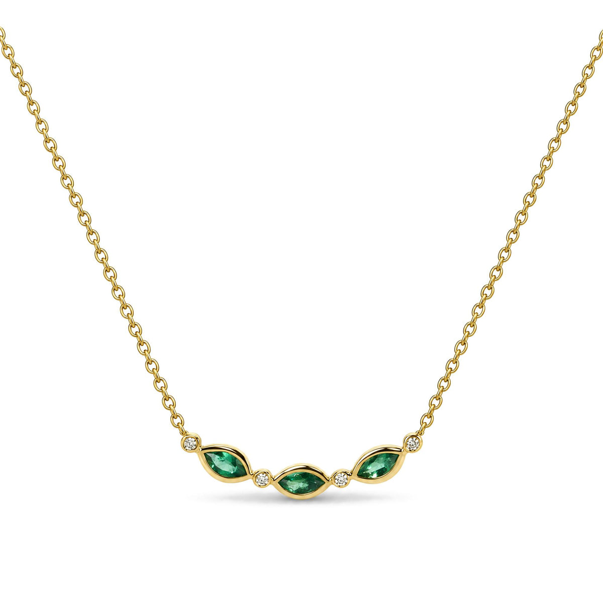 Close-up front view of a yellow metal necklace with three green marquise-shaped gemstones and four round white gemstones set in bezels, shown on a white background.