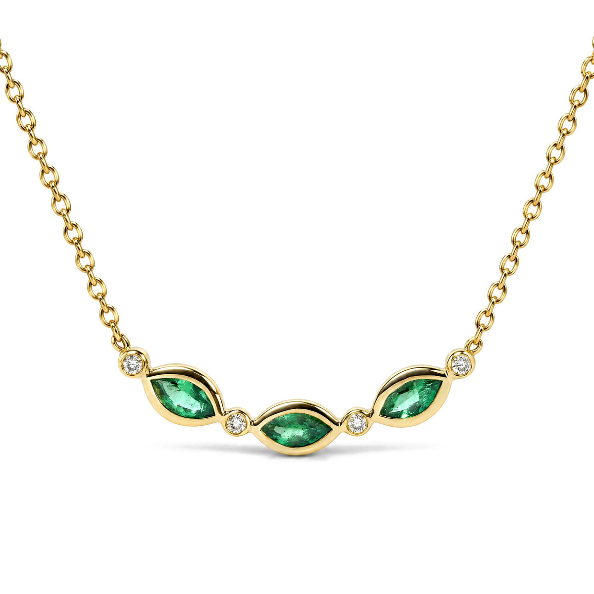 Close-up front view of a yellow metal necklace with a curved design featuring marquise-shaped green gemstones and round white gemstones set in bezels.