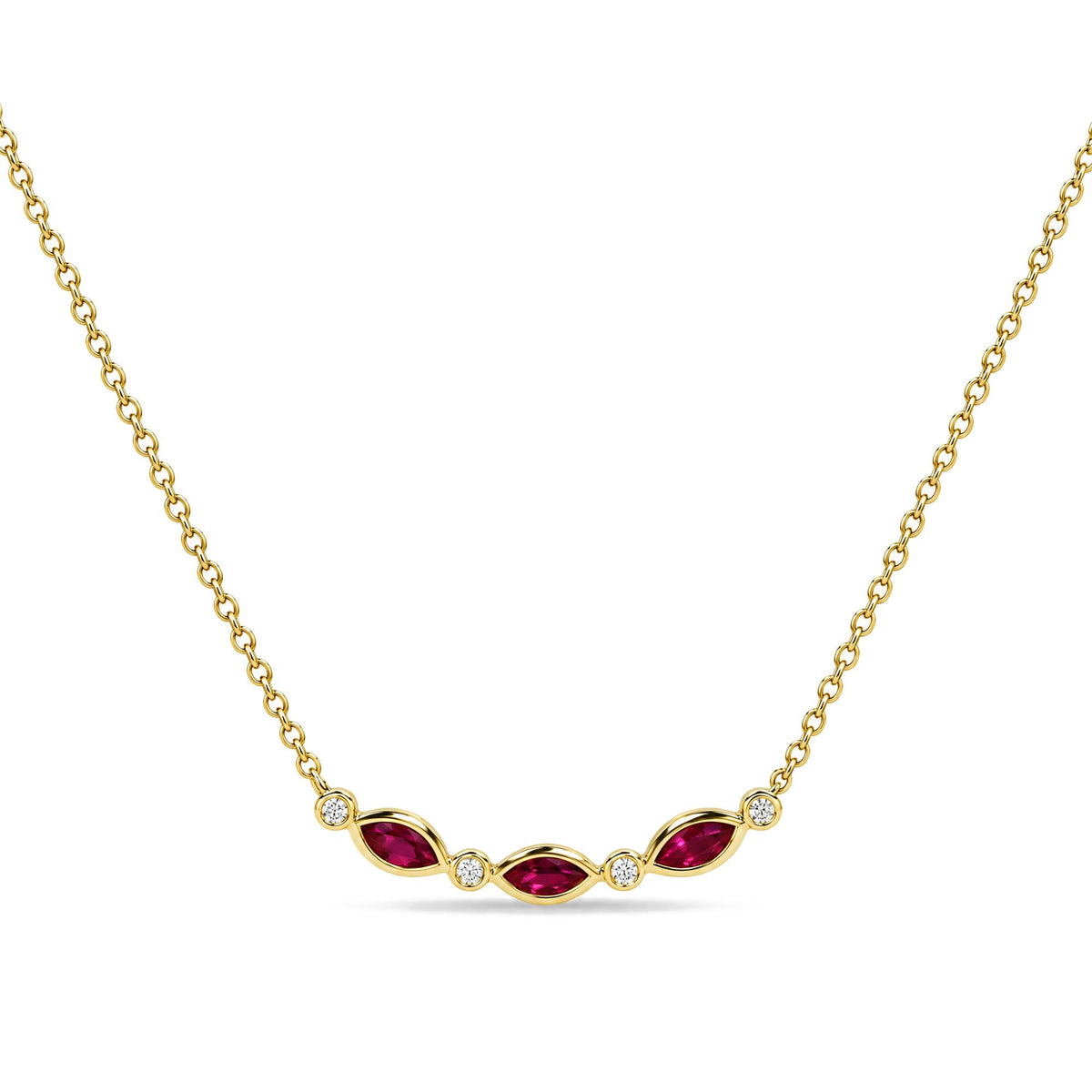 Close-up front view of a yellow metal necklace featuring alternating marquise-shaped red gemstones in prong settings and round white gemstones in bezel settings along the center.