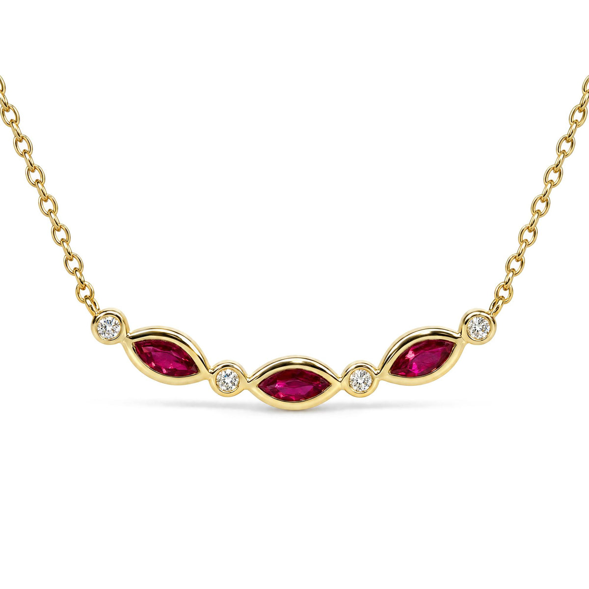 Yellow metal necklace shown in a close-up front angle, featuring marquise-shaped red gemstones with prong settings alternating with round white gemstones in bezel settings along the chain.
