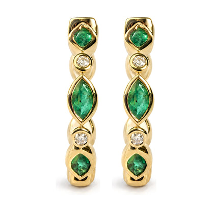 Close-up front view of a pair of yellow metal earrings featuring alternating marquise-shaped green gemstones and round white gemstones in bezel settings, shown on a white background.