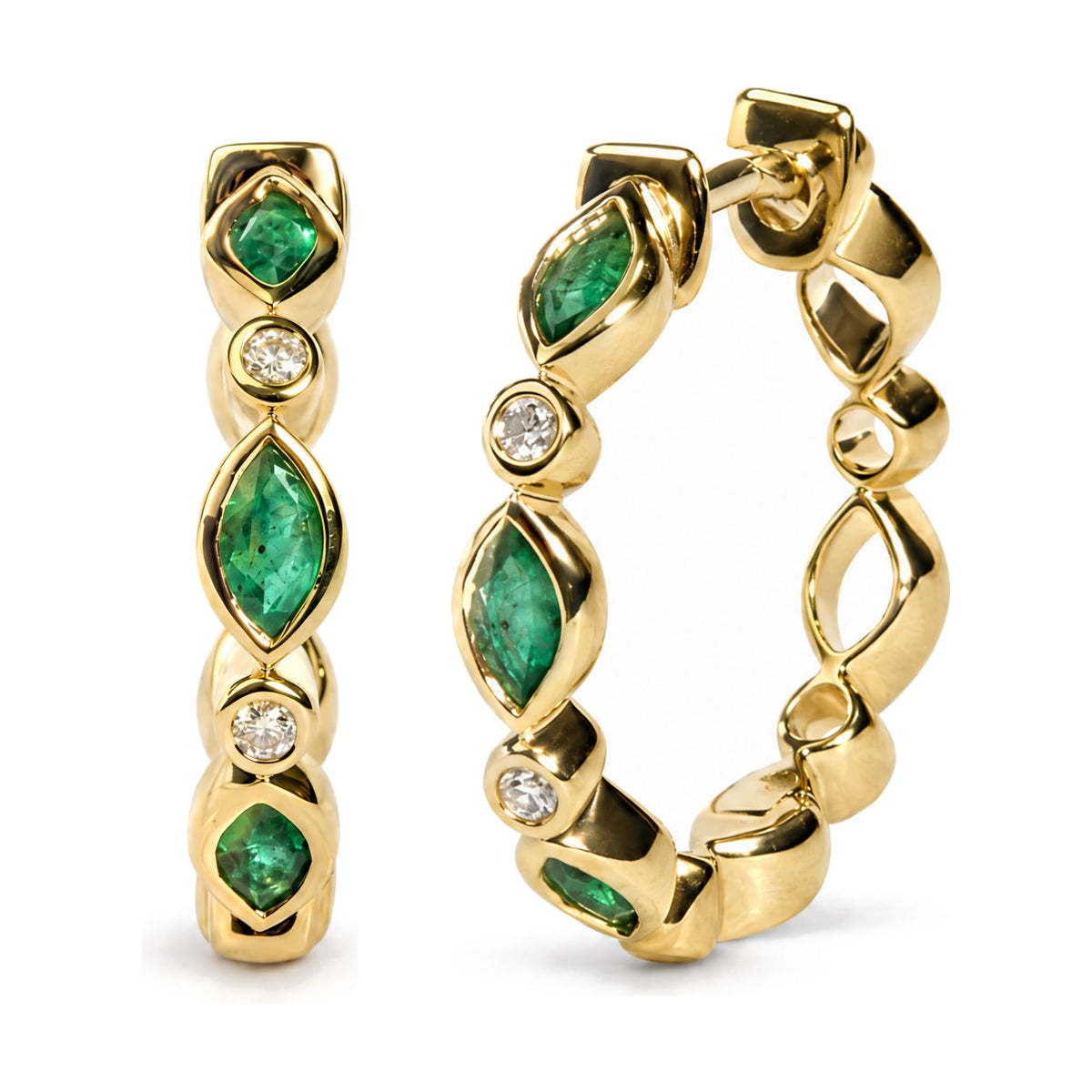 Angled view of 10K yellow gold station hoop earrings with bezel-set marquise emeralds and diamonds on white background