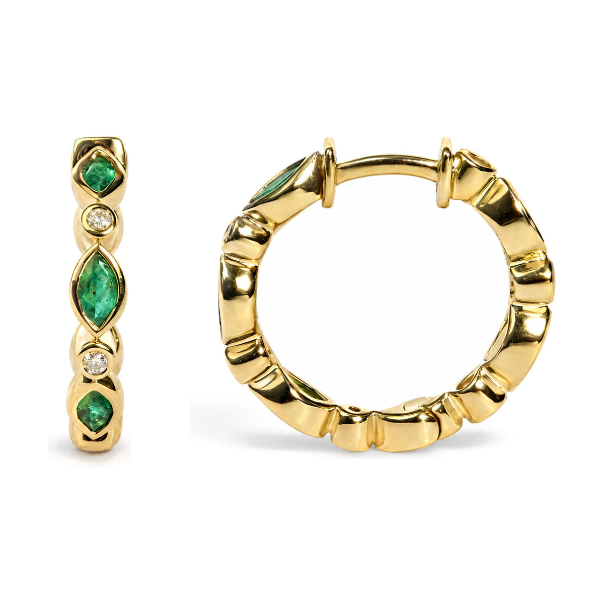 Close-up front and side views of yellow metal hoop earrings featuring alternating bezel-set marquise green gemstones and round white gemstones.
