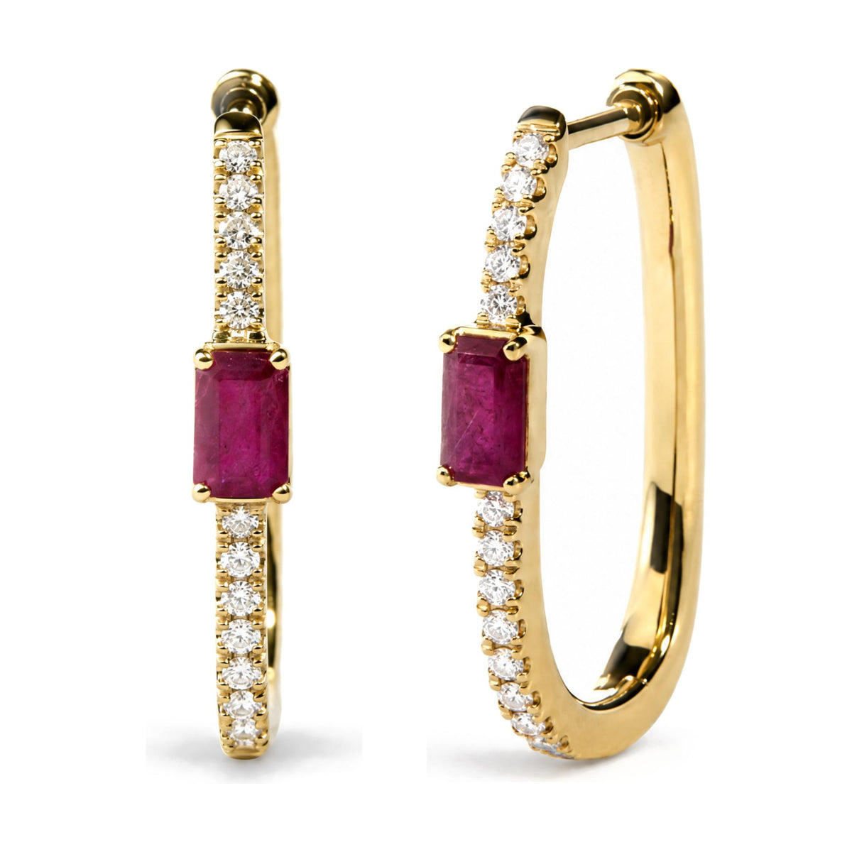 Close-up front and side view of yellow metal hoop earrings with small round white gemstones set along the outer edge and a rectangular red gemstone at the bottom.
