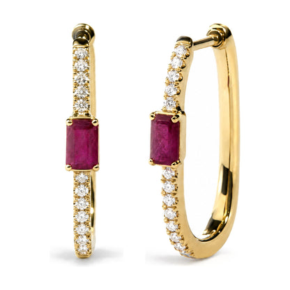 Close-up front and side view of yellow metal hoop earrings with small round white gemstones set along the outer edge and a rectangular red gemstone at the bottom.