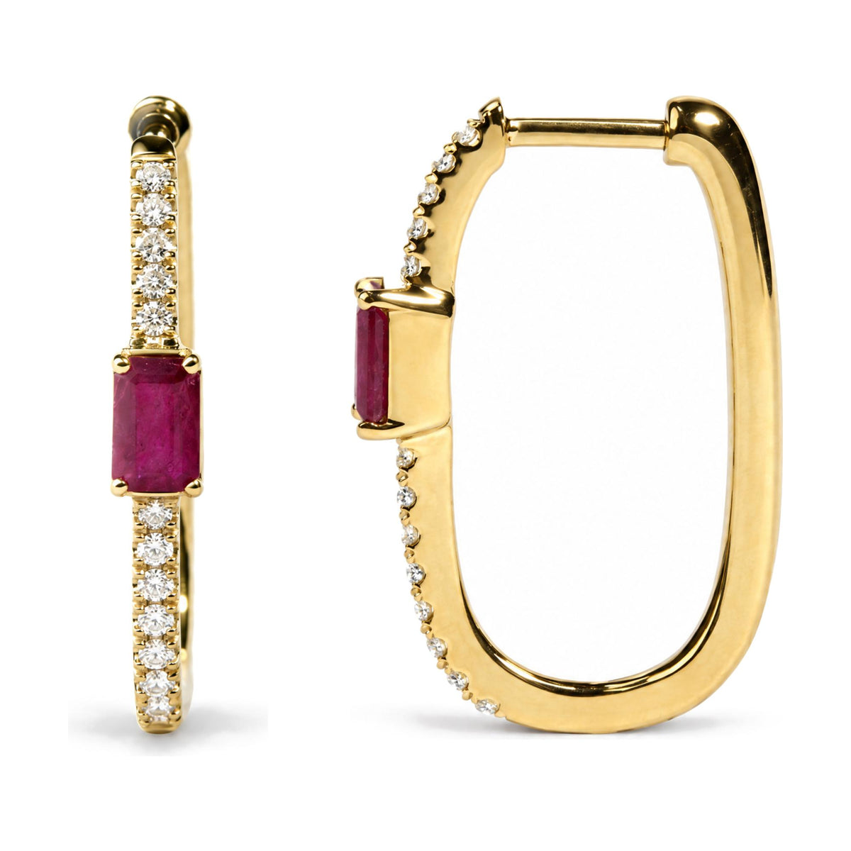 Close-up front and side views of a pair of yellow metal earrings with oval-shaped hoops. Each earring features a vertical bar set with a rectangular red gemstone flanked by multiple small round white gemstones in prong settings.