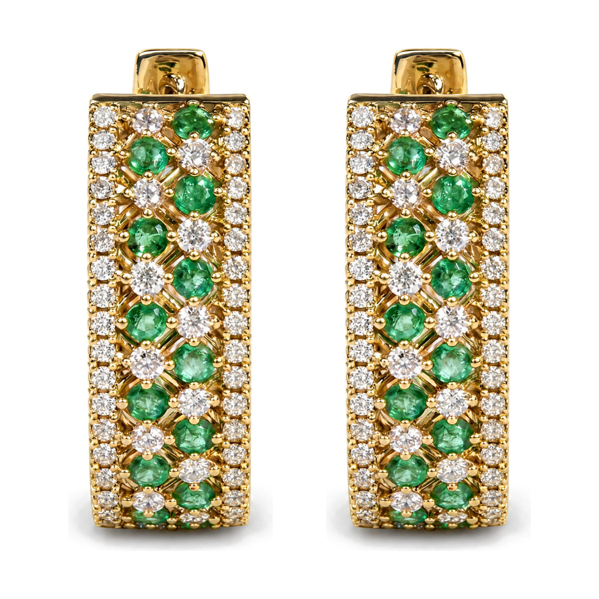 Close-up front view of a pair of yellow metal rectangular earrings featuring round green gemstones and round white gemstones in prong settings.