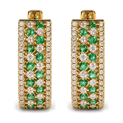 Close-up front view of a pair of yellow metal rectangular earrings featuring round green gemstones and round white gemstones in prong settings.