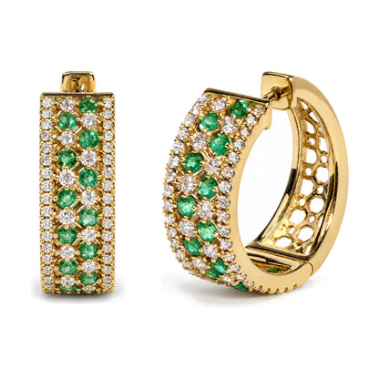 Close-up image of yellow metal rectangular hoop earrings adorned with prong-set round green and white gemstones, shown from a slight angle.