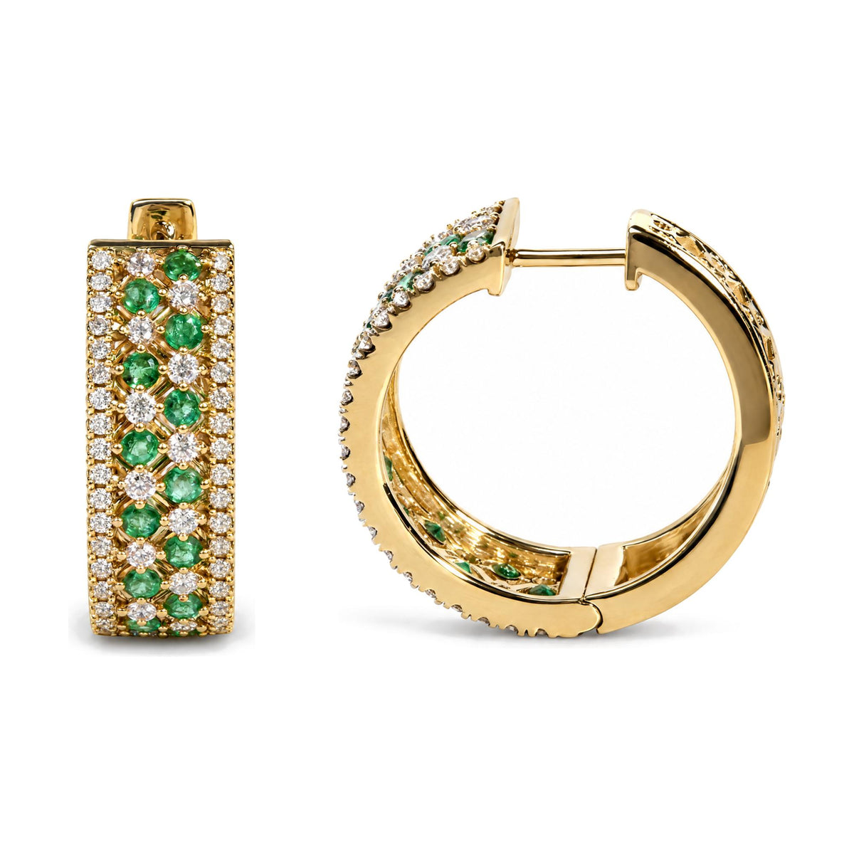Close-up front and side angle of yellow metal earrings, one rectangular and one hoop, both set with round white gemstones and round green gemstones in prong settings.
