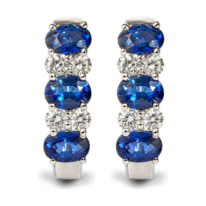 10K White Gold 1/4 Cttw Diamond and Oval Blue Sapphire Alternating Huggie Hoop Earrings