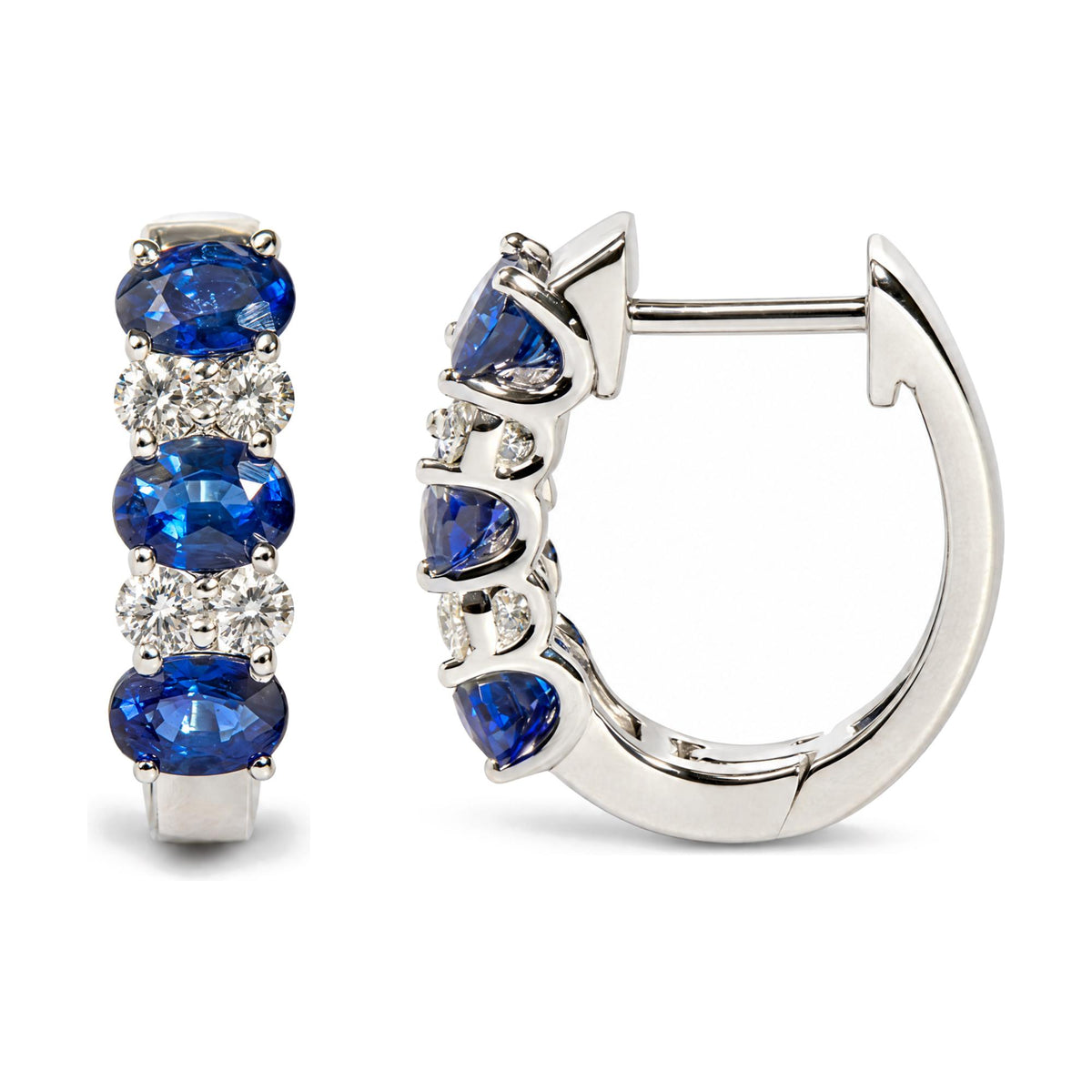 10K White Gold 1/4 Cttw Diamond and Oval Blue Sapphire Alternating Huggie Hoop Earrings