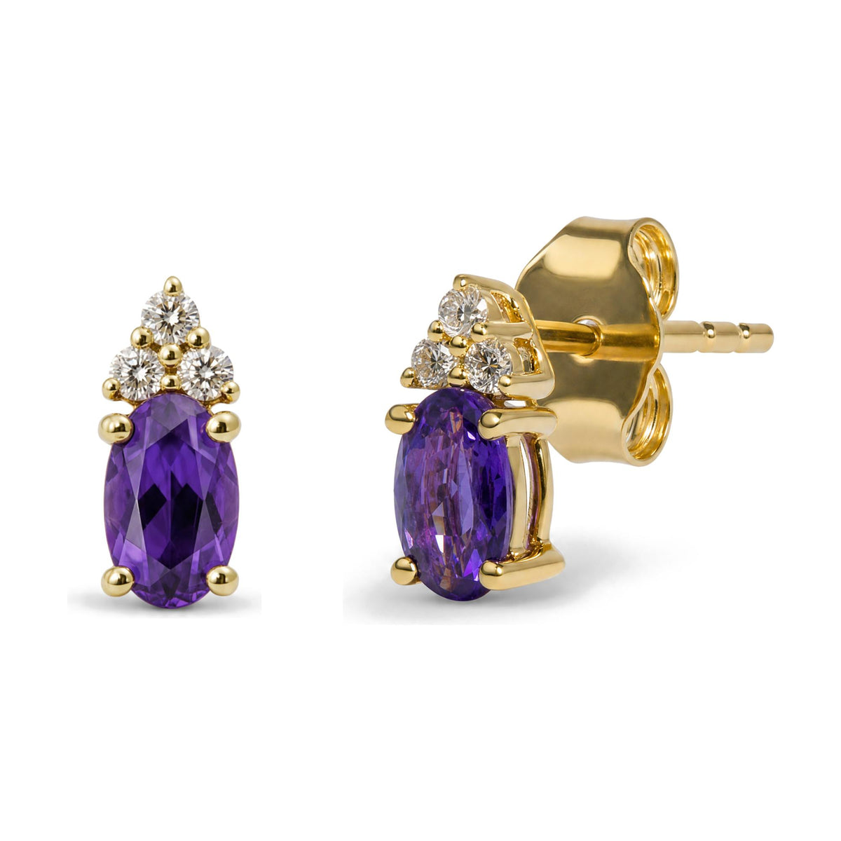 Close-up side and front angle of a yellow metal earring featuring an oval purple gemstone with a prong setting, topped with a cluster of round white gemstones in a prong setting. The earring is shown on a white background.