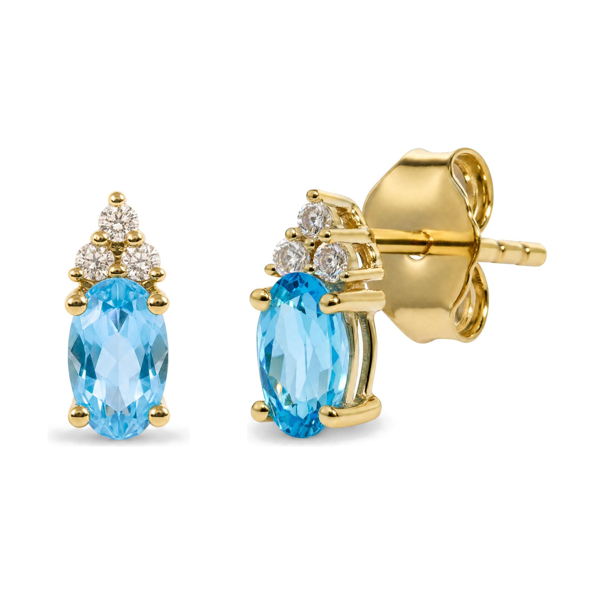 Close-up front and side view of yellow metal earrings with oval blue gemstones and round white gemstones in prong settings.