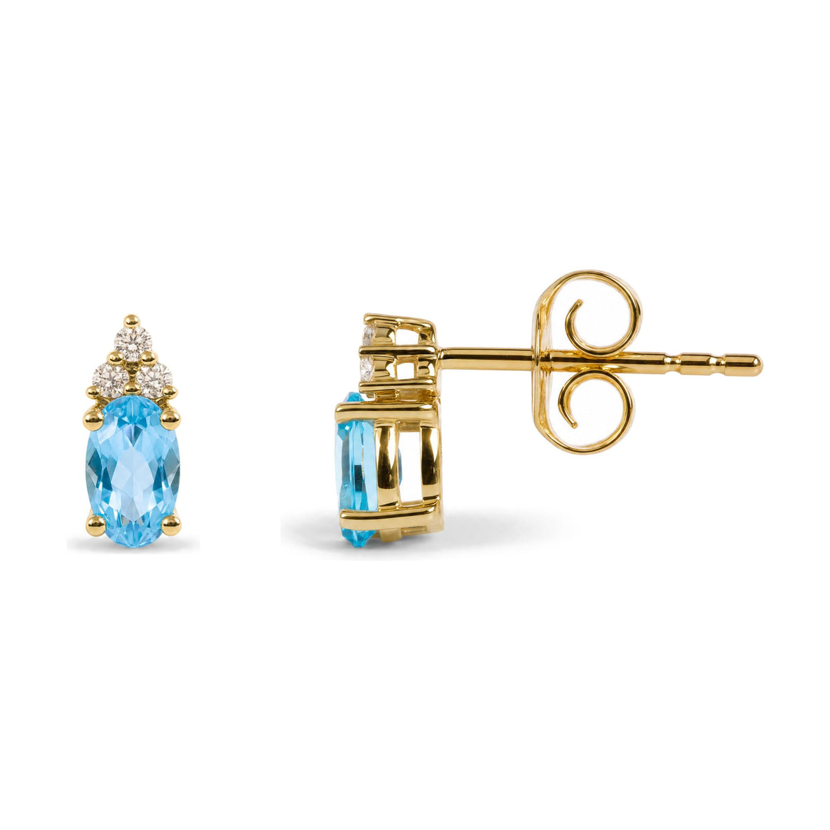 Pair of yellow metal earrings with an oval blue gemstone and a cluster of round white gemstones above it, shown in close-up from front and side angles on a white background.