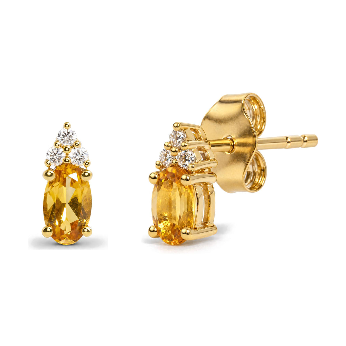 Close-up front and side angle view of yellow metal earrings featuring a large oval yellow gemstone held by prongs with a cluster of smaller round white gemstones above.