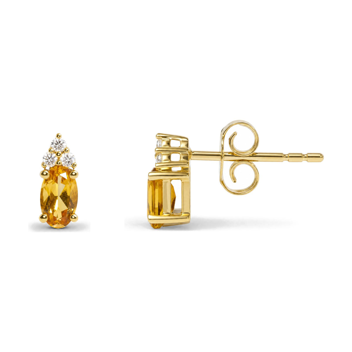 Close-up side and front views of a yellow metal earring featuring an oval yellow gemstone and round white gemstones in prong settings.