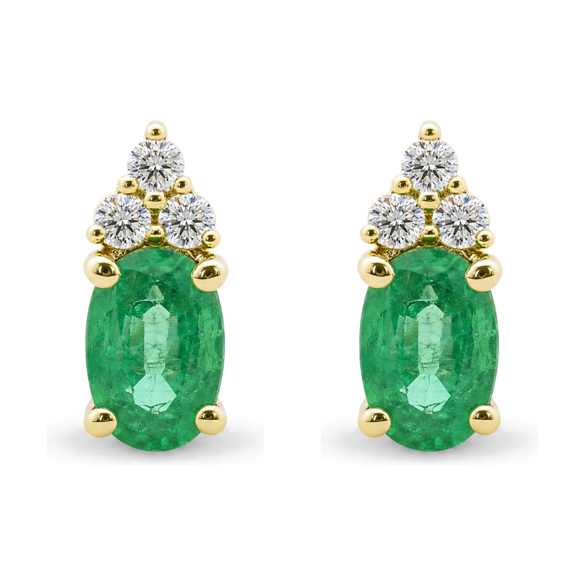 Pair of yellow metal earrings shown in a close-up front view, each featuring an oval green gemstone held by prongs with a cluster of round white gemstones above.