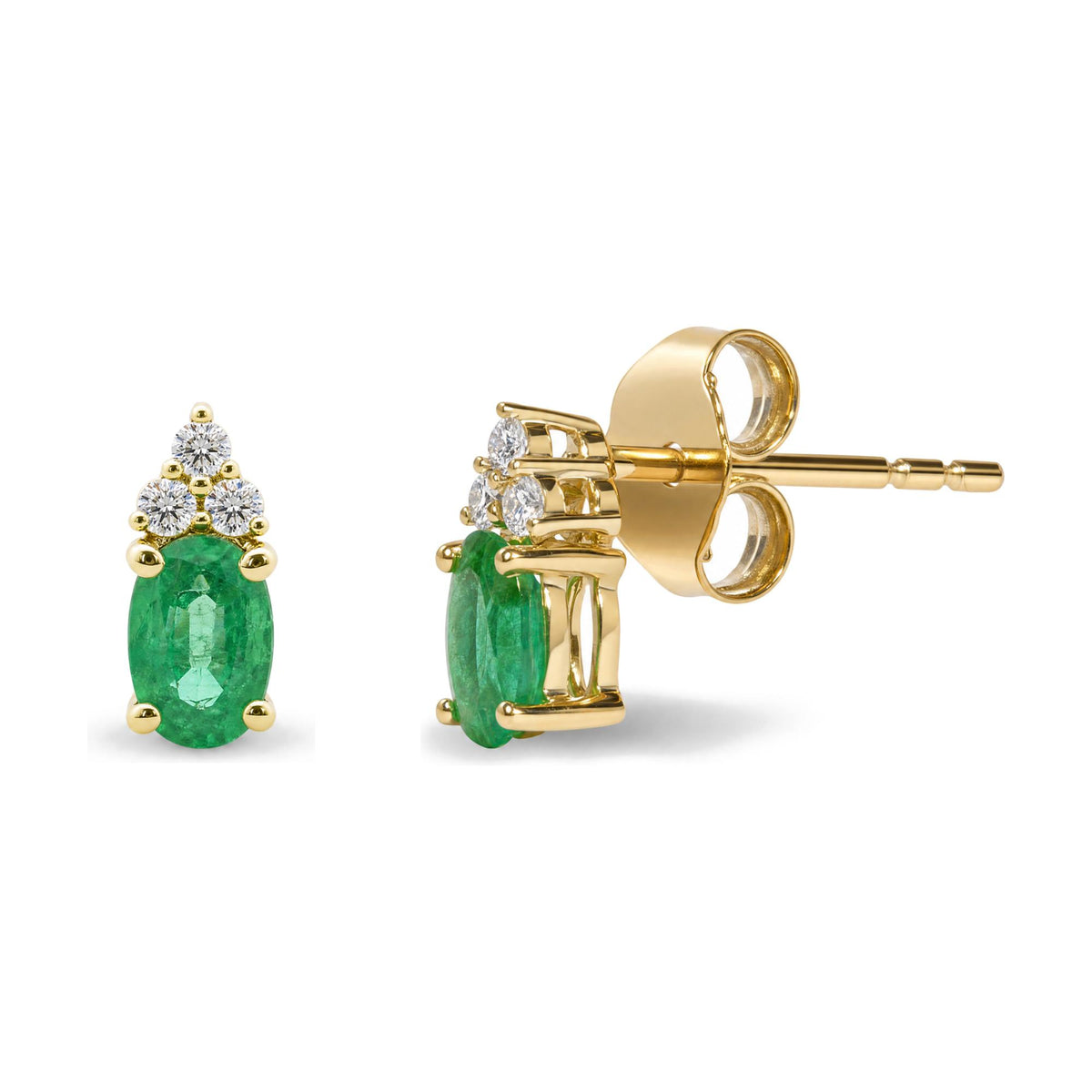 Close-up front and side views of a yellow metal earring featuring an oval green gemstone topped with a cluster of round white gemstones in prong settings, shown on a white background.