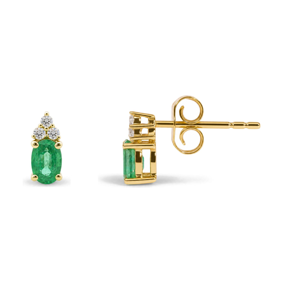 Close-up front and side angled view of a yellow metal earring with an oval green gemstone at the base and three round white gemstones clustered above it, all set in prong settings.