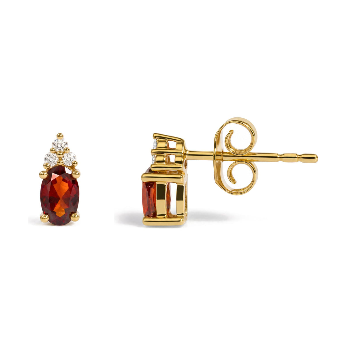 Close-up front and side views of yellow metal stud earrings featuring an oval red gemstone set below a cluster of round white gemstones in prong settings.