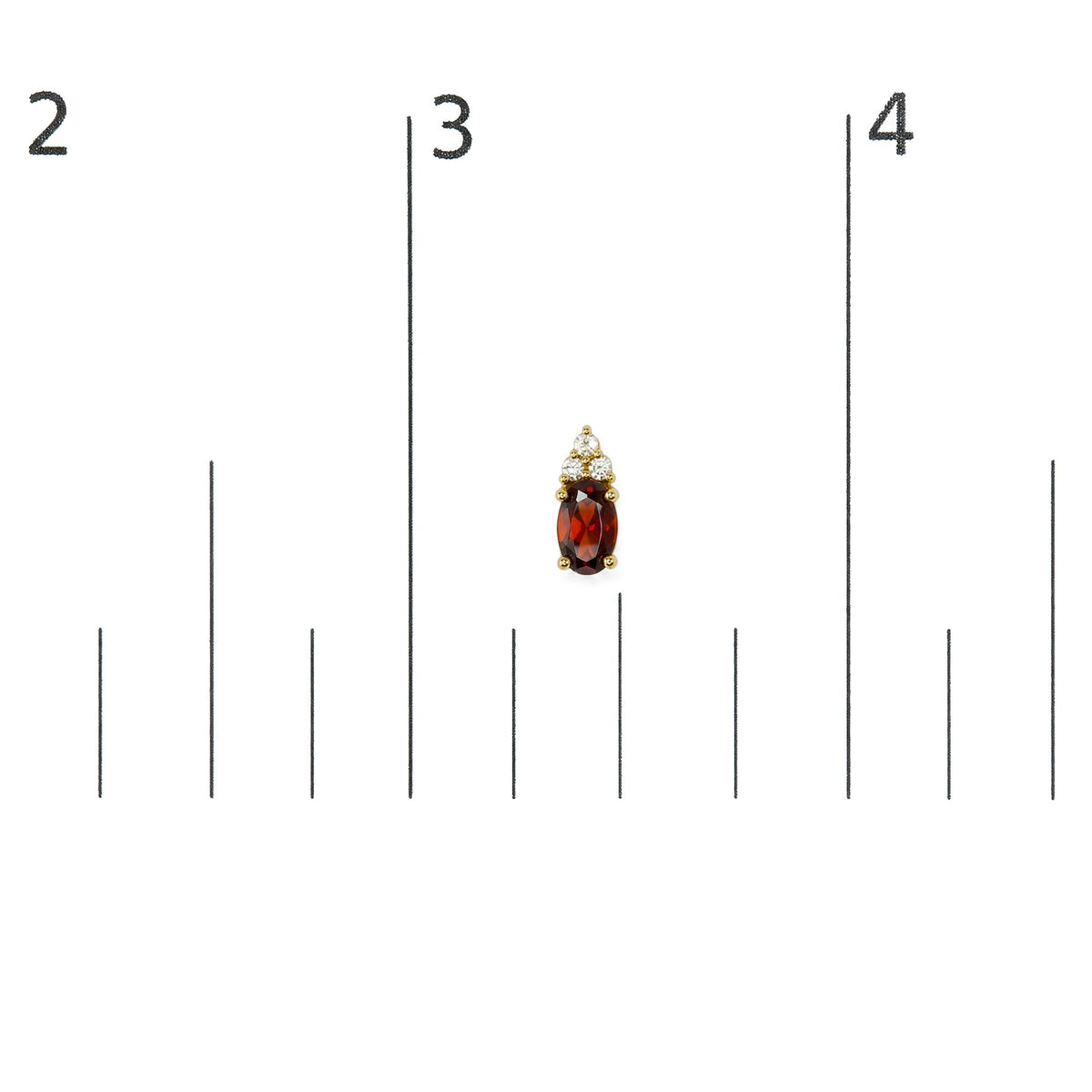 Close-up front view of a yellow metal earring with an oval red gemstone and six round white gemstones above it, shown on a measurement scale.