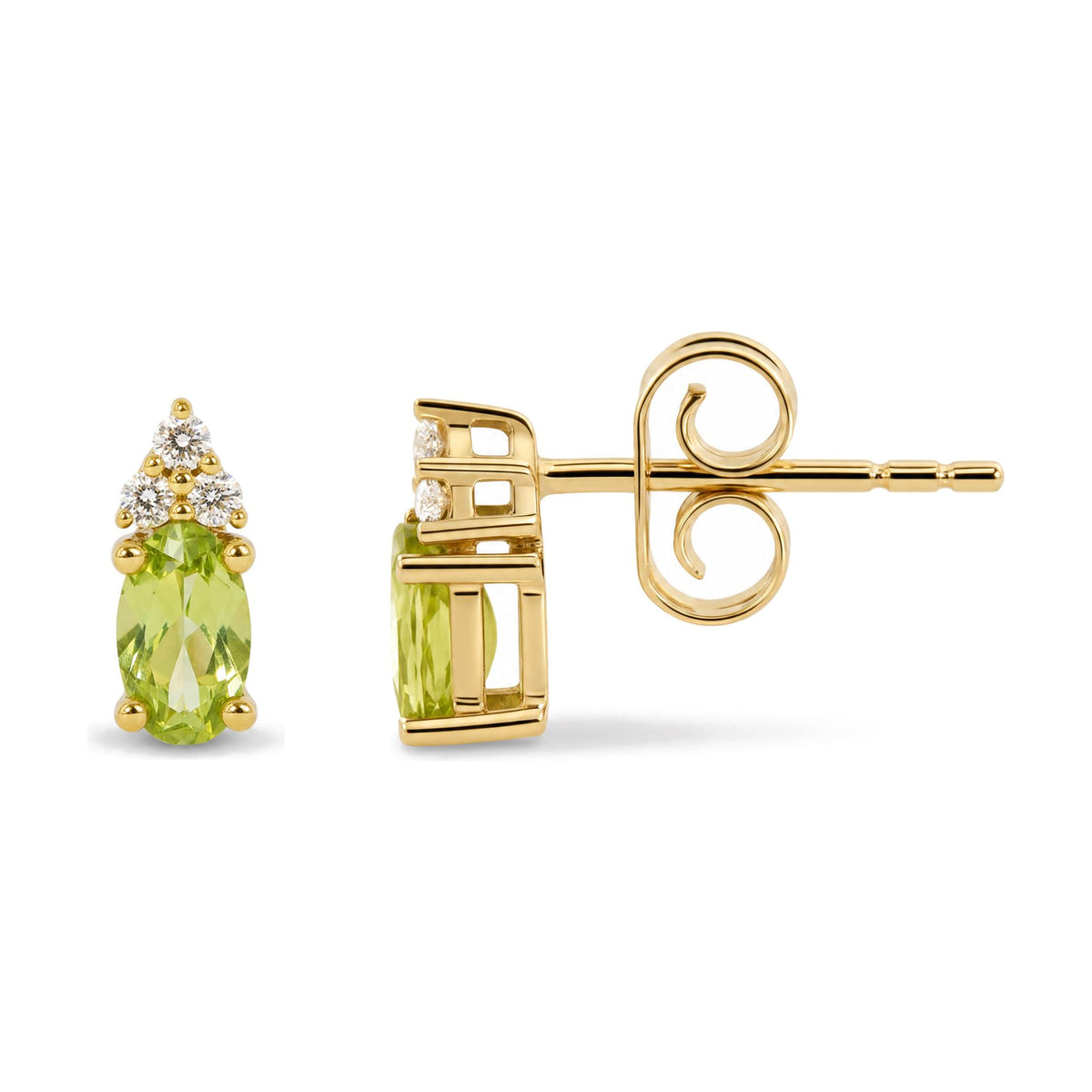 Close-up side view of a yellow metal earring with an oval green gemstone set below a cluster of round white gemstones, shown against a white background.