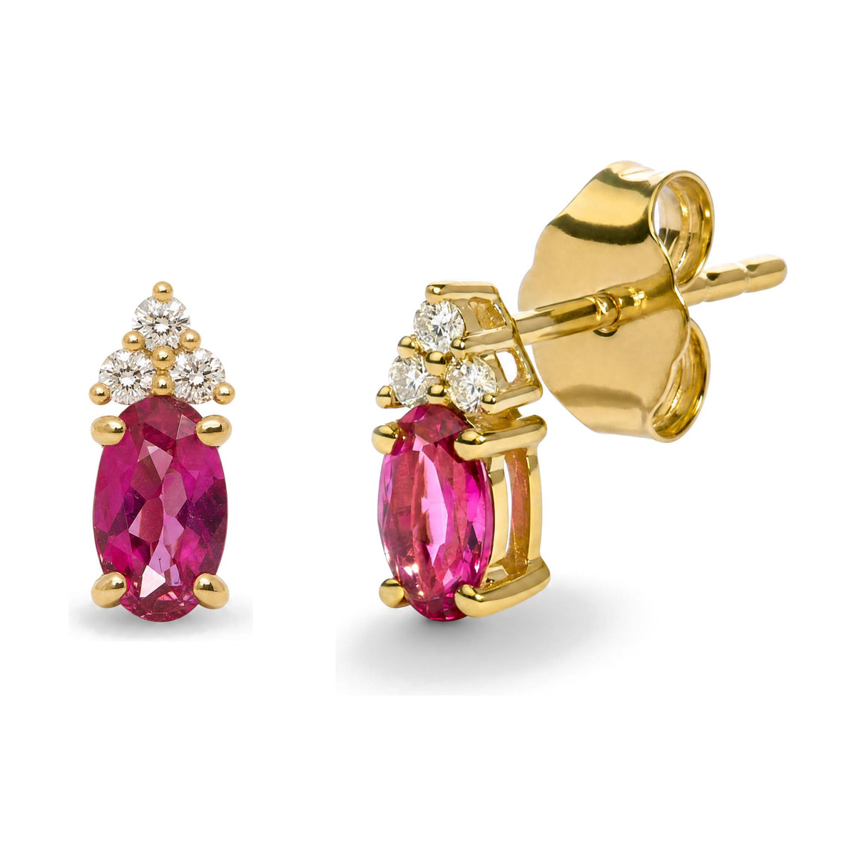 Close-up front and side view of yellow metal stud earrings with oval pink gemstones and cluster of round white gemstones above.
