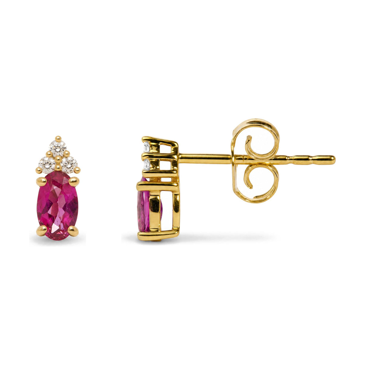 Close-up front and side angle of a yellow metal earring with an oval pink gemstone and cluster of white round gemstones above, shown on a white background.