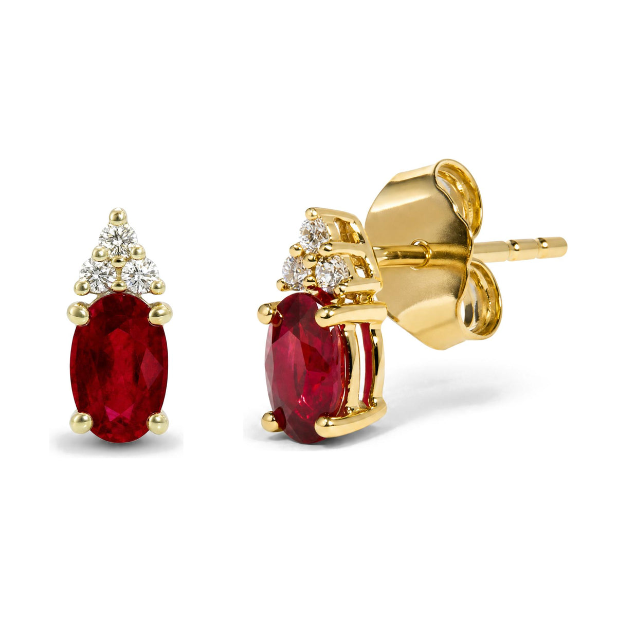 Close-up front and side view of a yellow metal earring featuring an oval red gemstone topped with a cluster of round white gemstones in prong settings.