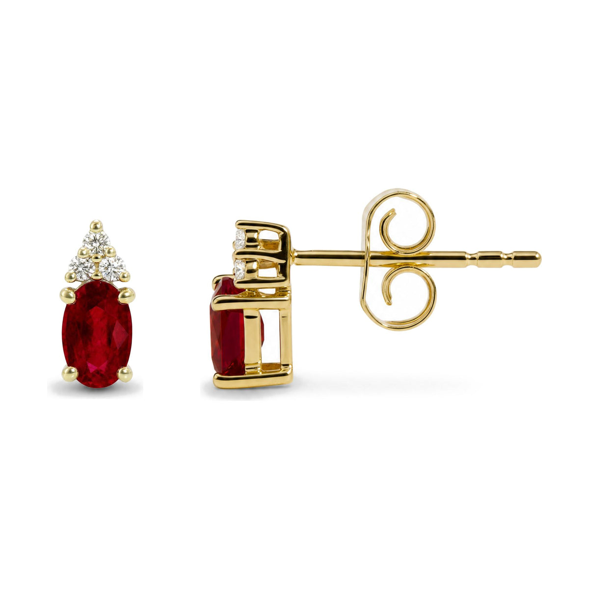 Close-up side and front views of a yellow metal earring featuring one oval red gemstone and six round white gemstones in prong settings, shown on a white background.
