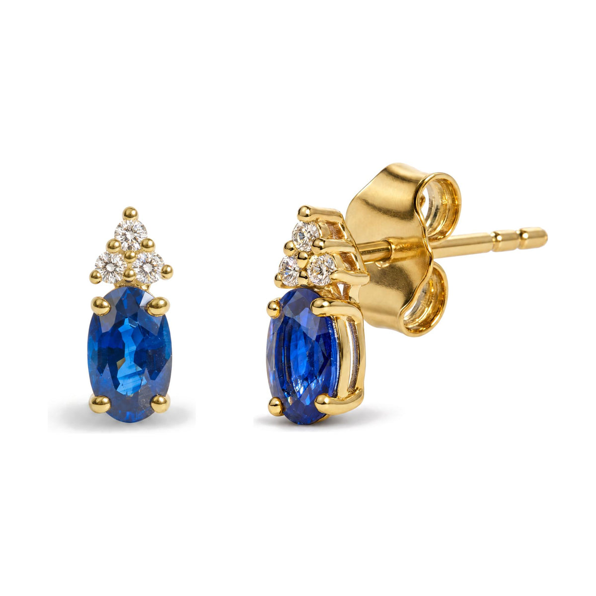 Close-up front and side view of a pair of yellow metal stud earrings featuring prong-set round white gemstones arranged in a triangular cluster above an oval blue gemstone, shown on a white background.