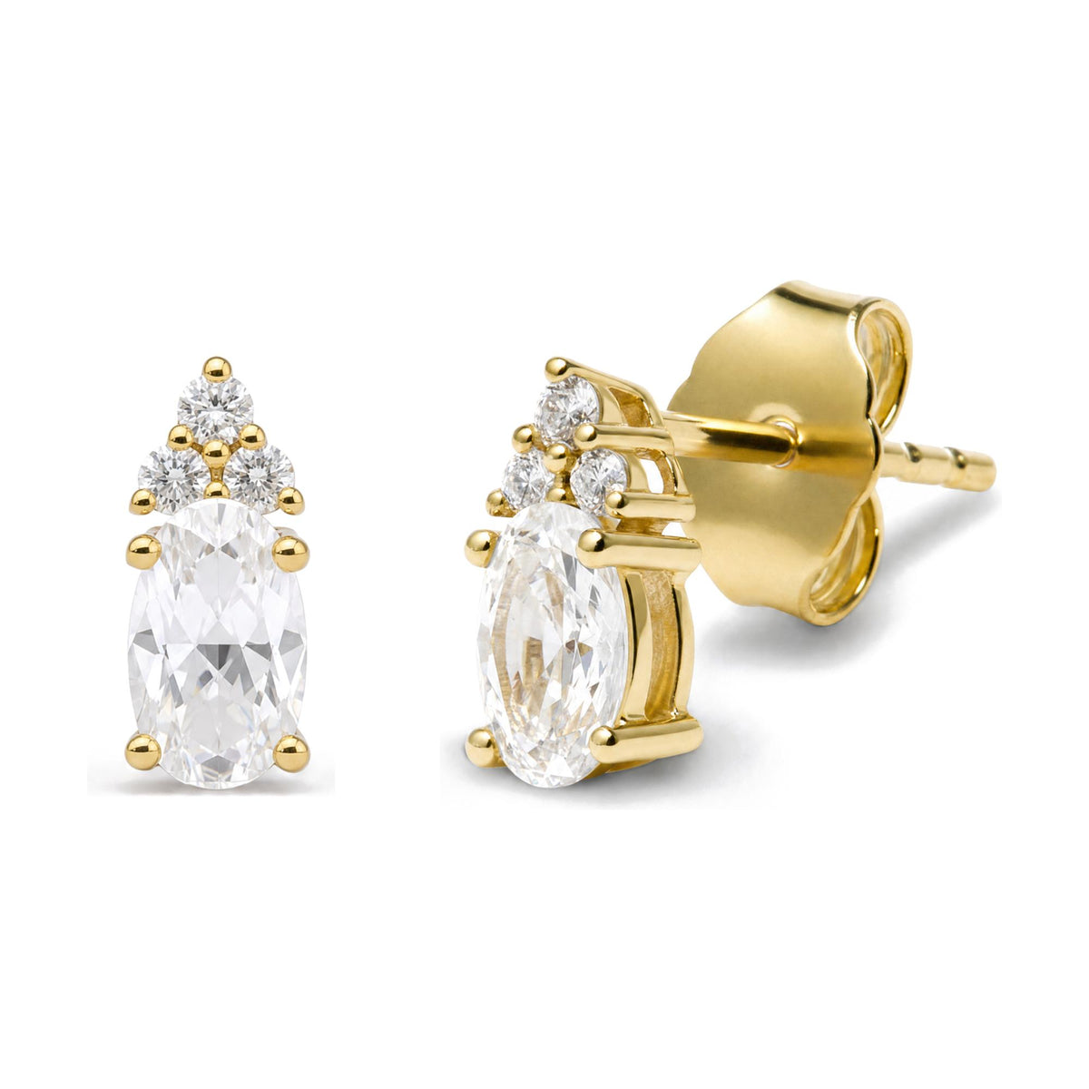 Close-up front and side angle of yellow metal stud earrings with one oval white gemstone and cluster of small round white gemstones at the top, shown on a white background.