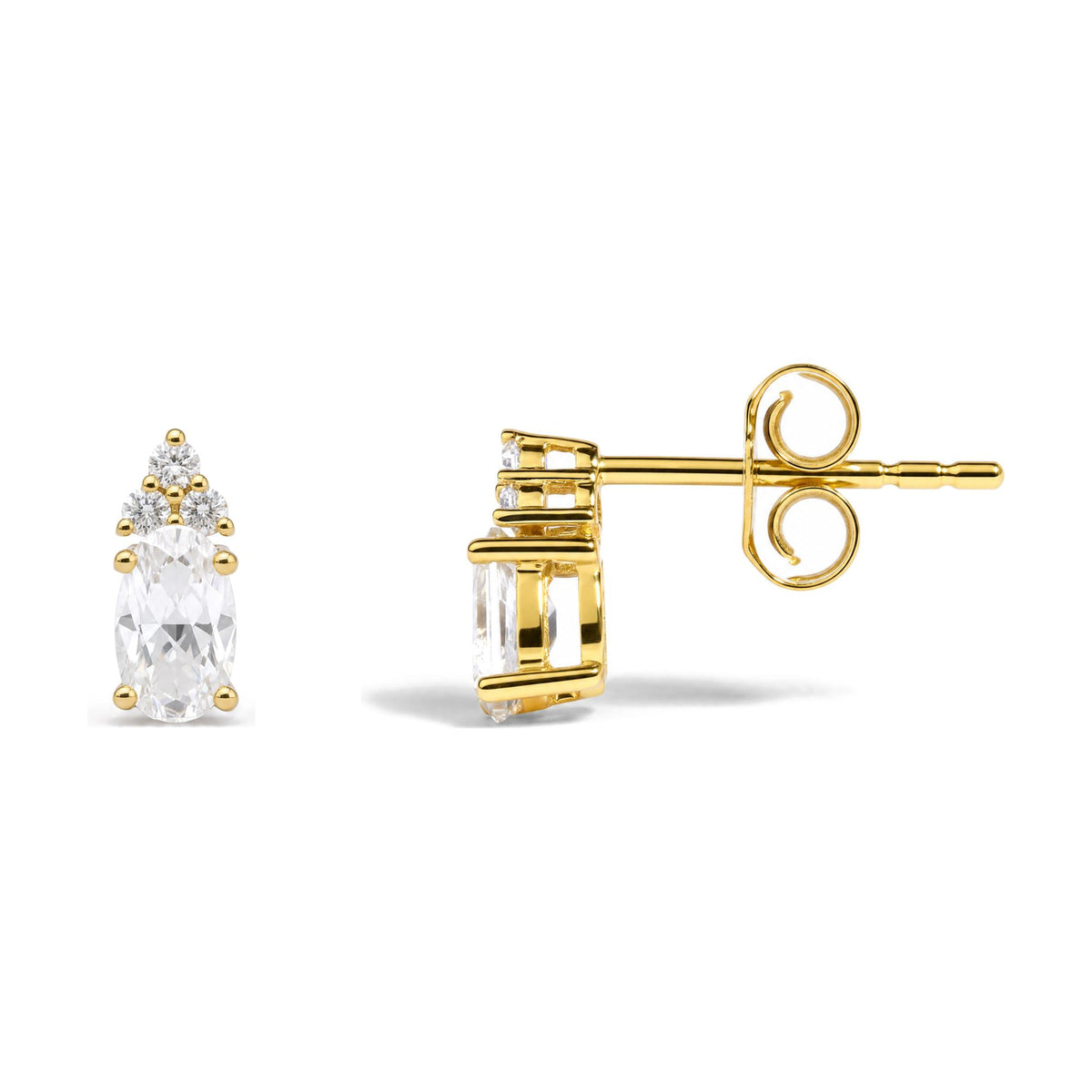 Close-up side angle of yellow metal stud earring with oval white gemstone and cluster of round white gemstones in prong settings shown on a white background.