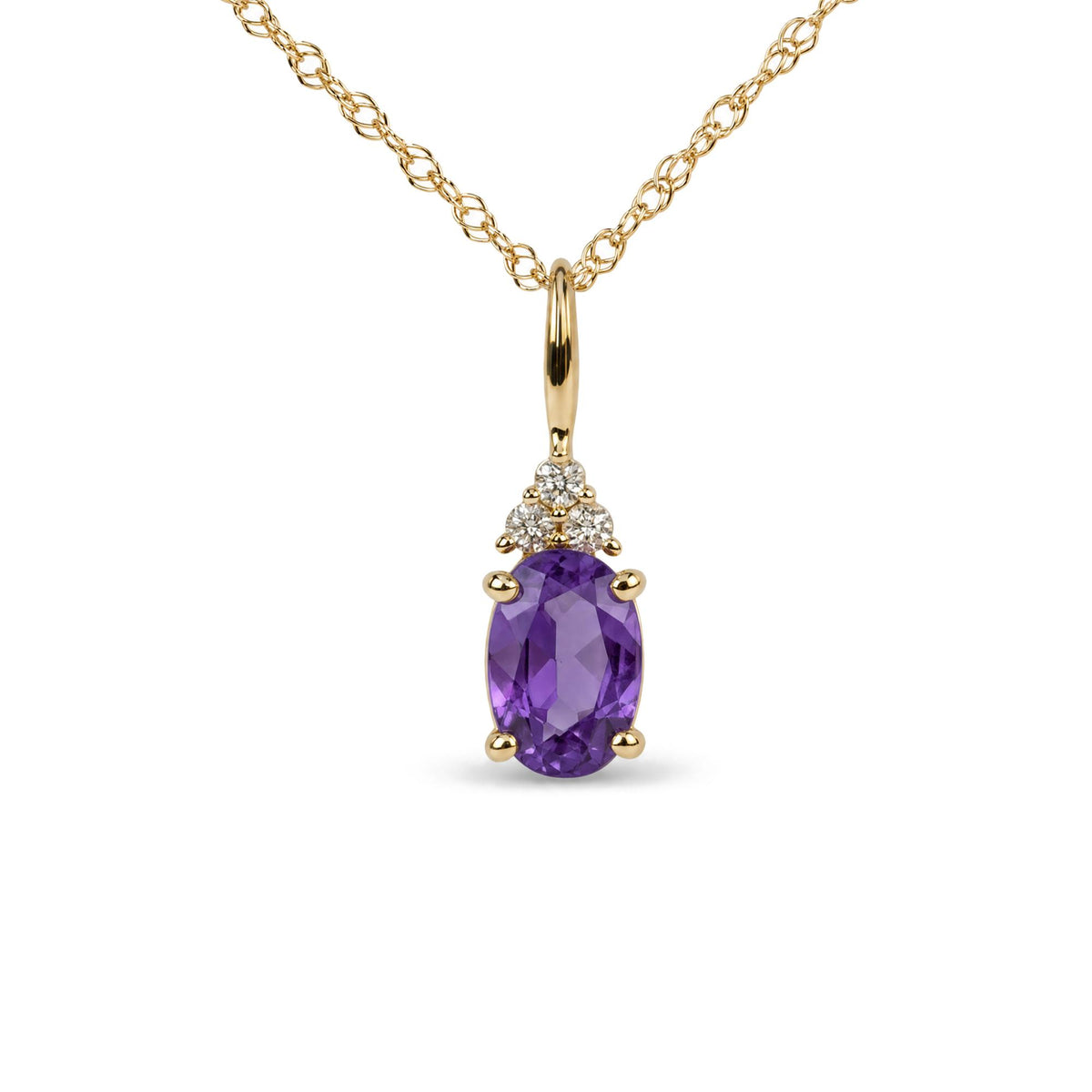Yellow metal necklace with an oval-shaped purple gemstone pendant accented by three round white gemstones in a prong setting, shown in a close-up front view.