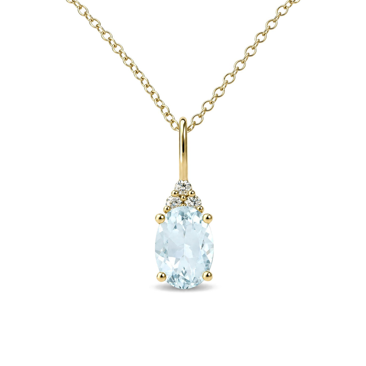 Close-up front angle of a yellow metal necklace with an oval blue gemstone pendant surrounded by three small round white gemstones above it.