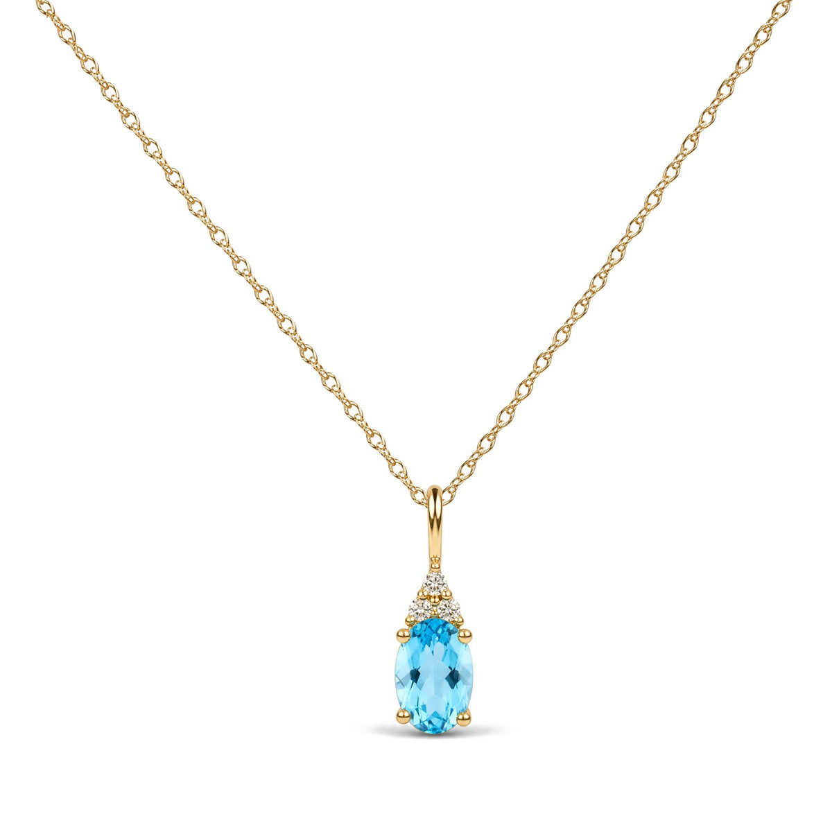 Close-up front view of a yellow necklace featuring an oval blue gemstone pendant accented with three round white gemstones above it.