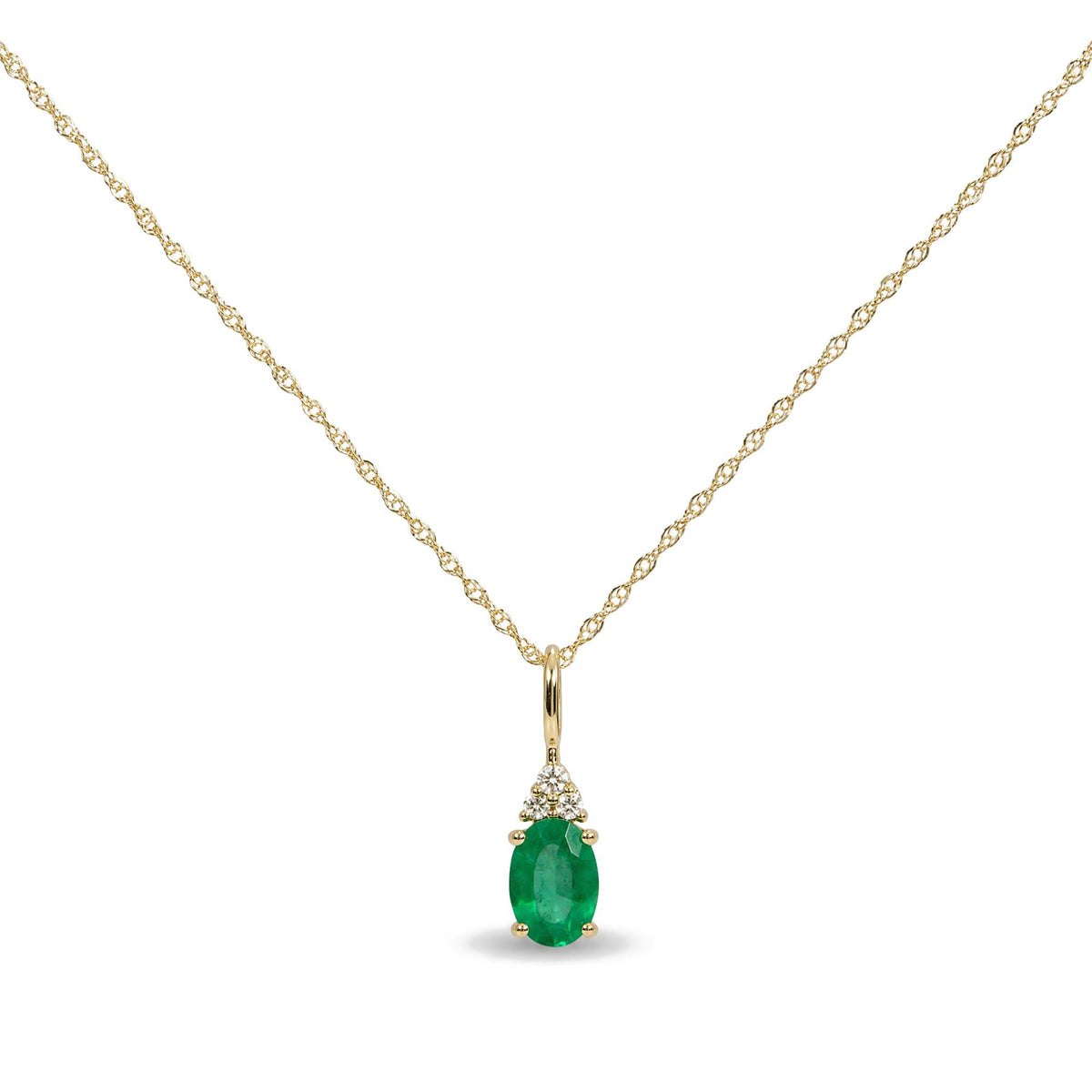 Close-up front angle of a yellow necklace with an oval green gemstone pendant surrounded by three small round white gemstones above it, shown on a white background.