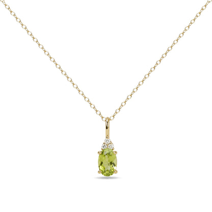 Yellow metal necklace with an oval green gemstone pendant accented by three round white gemstones in a prong setting, shown in a close-up front view on a white background.