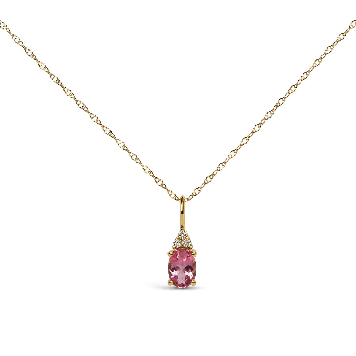 Close-up front view of a yellow metal necklace with an oval pink gemstone pendant accented by three round white gemstones in a prong setting.