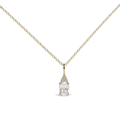 Close-up front view of a yellow metal necklace featuring a pendant with one oval white gemstone in a prong setting and three small round white gemstones above it, also in prong settings.