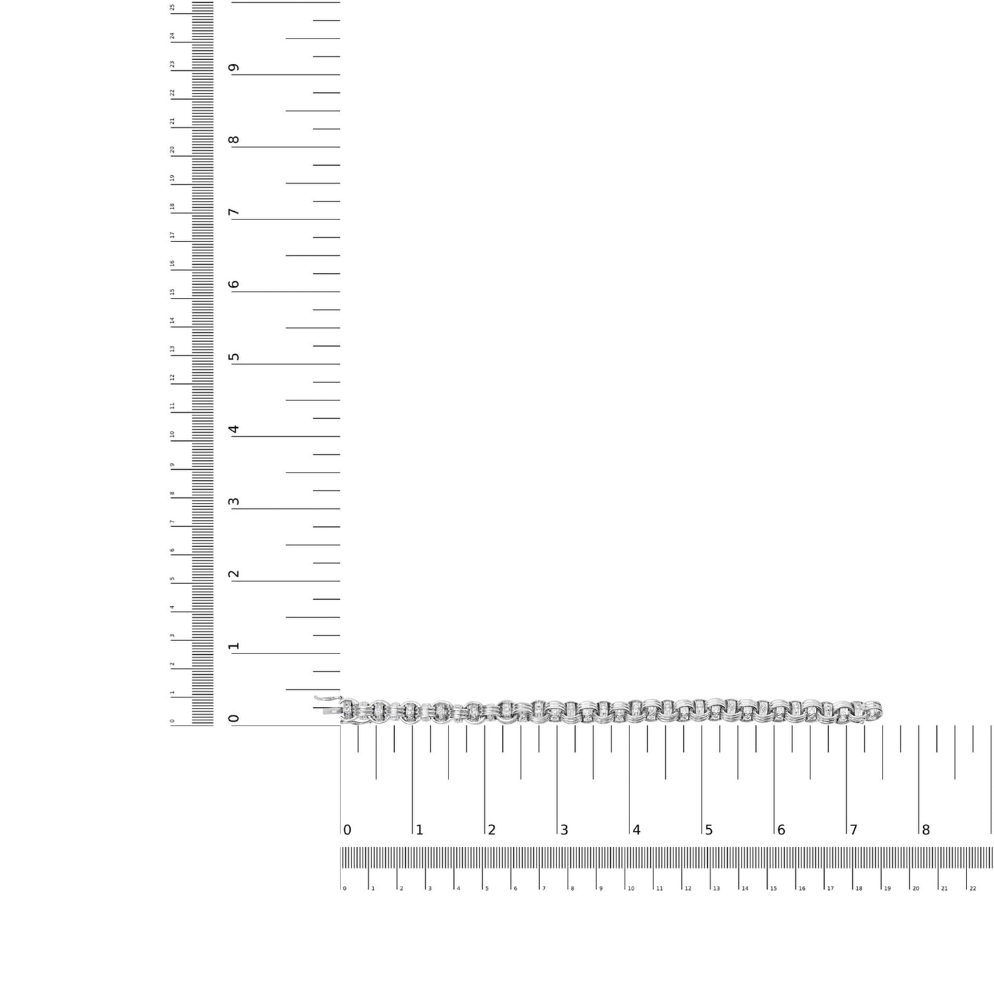 White metal bracelet with round white gemstones in prong settings, displayed flat on a ruler for size reference, top-down angle.