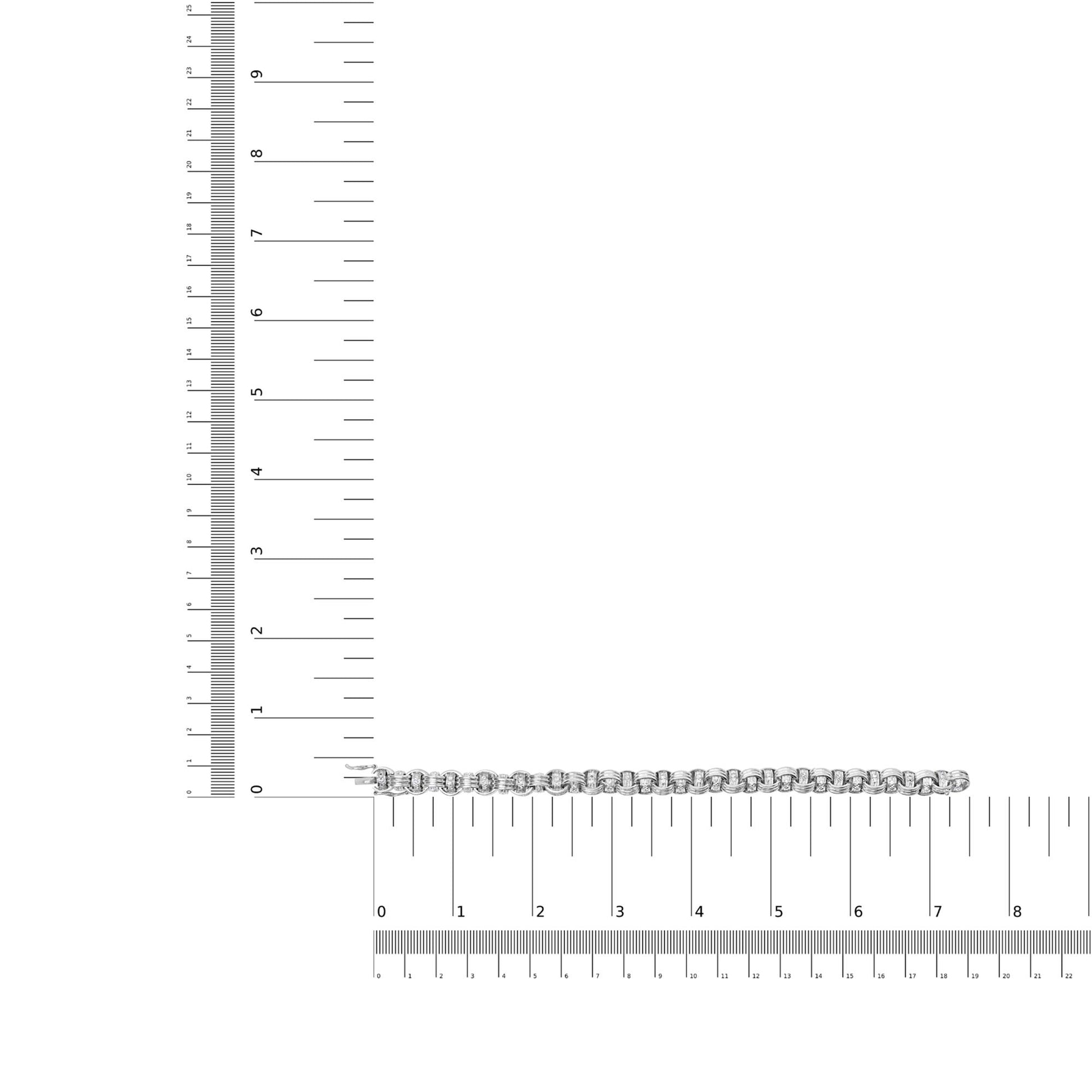 White metal bracelet with round white gemstones in prong settings, displayed flat on a ruler for size reference, top-down angle.