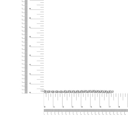White metal bracelet with round white gemstones in prong settings, displayed flat on a ruler for size reference, top-down angle.