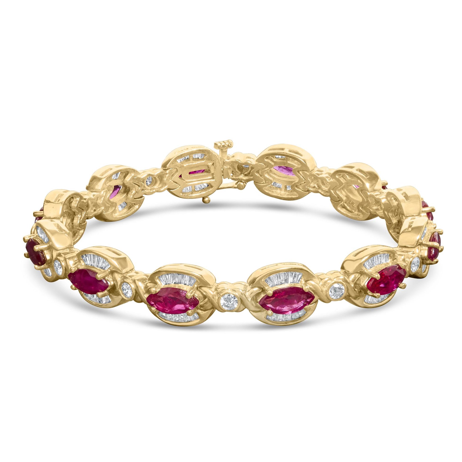 Yellow metal bracelet with alternating marquise-shaped red gemstones in prong settings and round white gemstones in bezel settings, accented by baguette-shaped white gemstones in channel settings, shown in a front angled view.