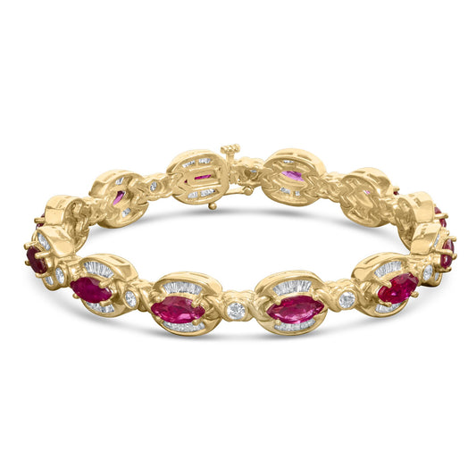 Yellow metal bracelet with alternating marquise-shaped red gemstones in prong settings and round white gemstones in bezel settings, accented by baguette-shaped white gemstones in channel settings, shown in a front angled view.
